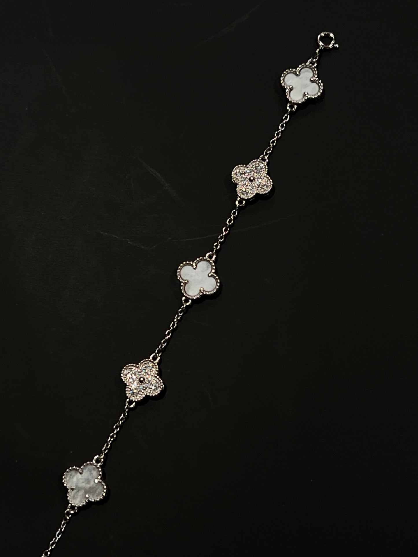 Real silver mother of Pearl w stones clover bracelet