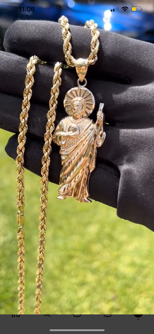14k real gold large San Judas set w 5mm 24inch rope