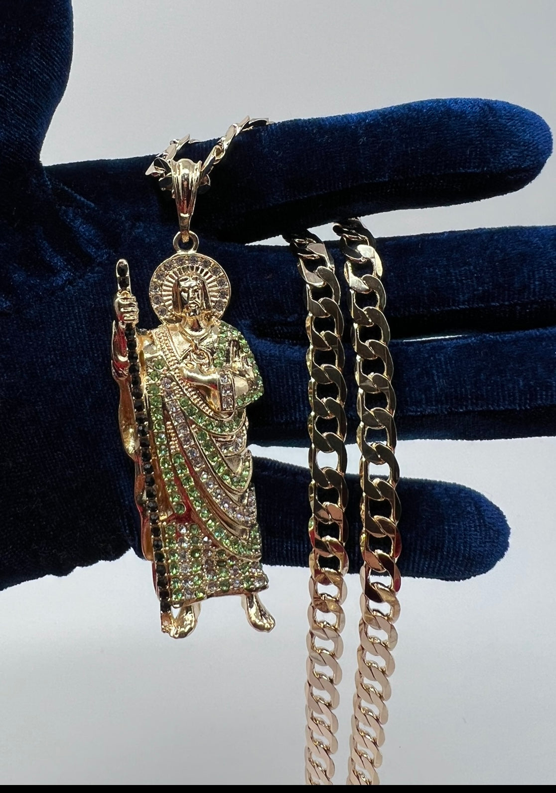 Large Iced out San Judas Green and Black Stones