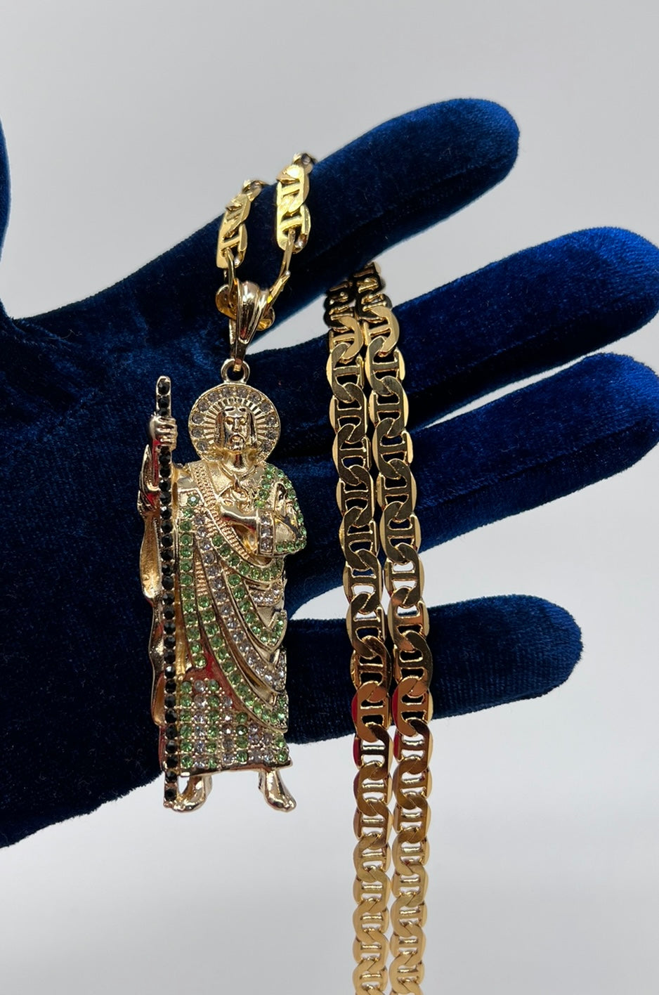 Large Iced out San Judas Green and Black Stones
