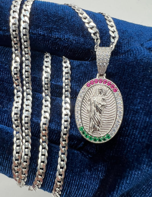 San Judas Medalla Mexican Flag Bezel .925 Real Silver