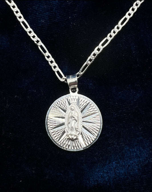 Small Double Sided Medalla Virgen Mary/Sagrado Corazon .925 Real SIlver