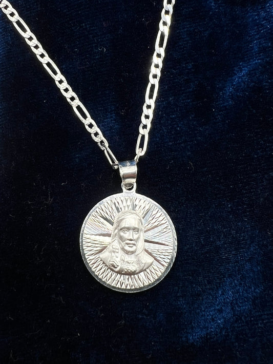 Small Double Sided Medalla Virgen Mary/Sagrado Corazon .925 Real SIlver