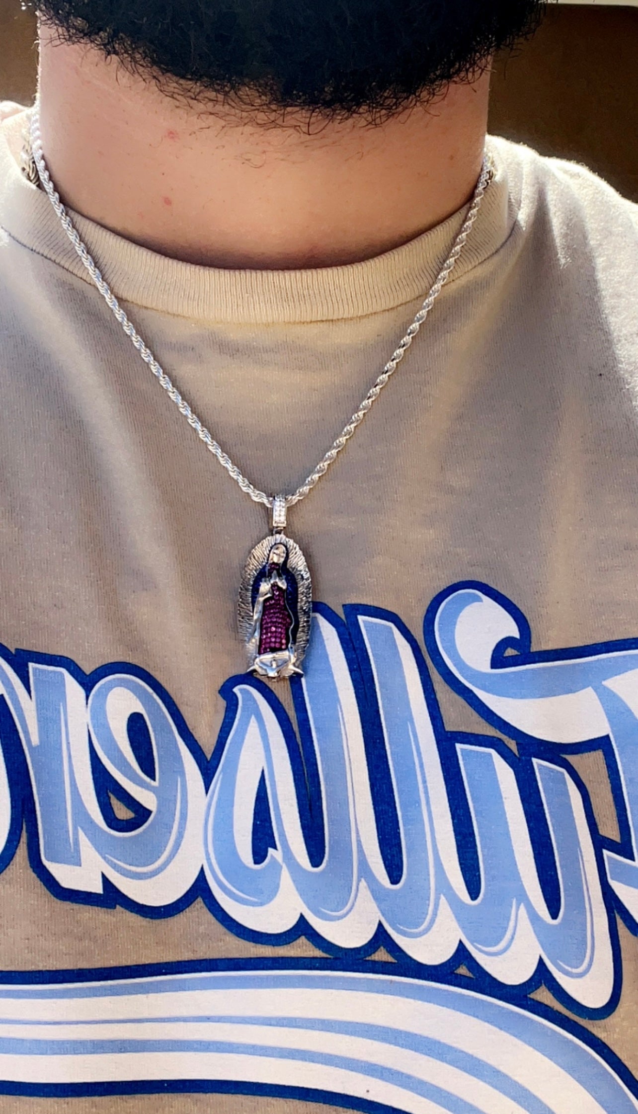 Blue Saphire and Ruby Virgencita, Real .925 Silver