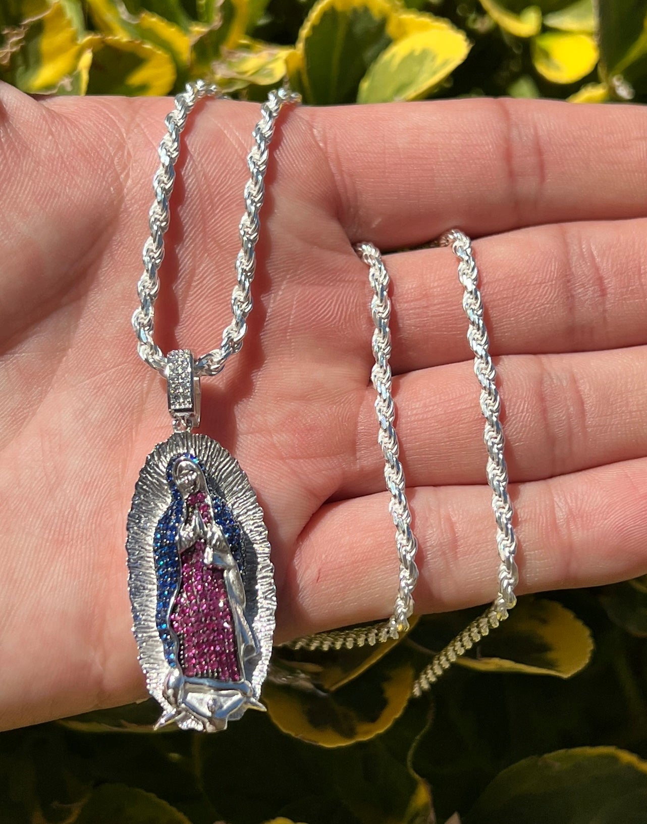 Blue Saphire and Ruby Virgencita, Real .925 Silver
