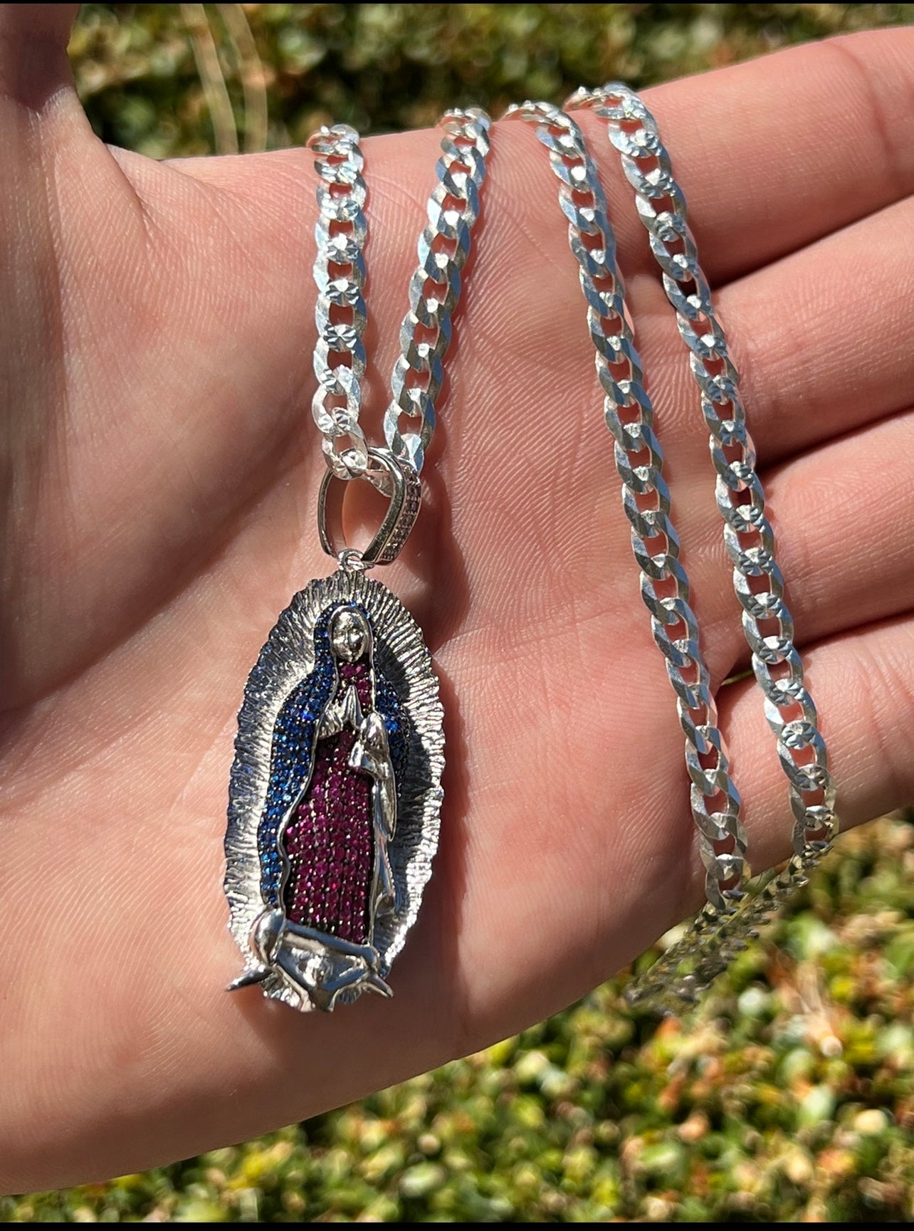 Blue Saphire and Ruby Virgencita, Real .925 Silver