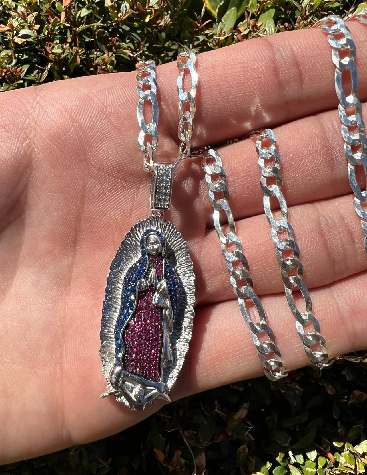 Blue Saphire and Ruby Virgencita, Real .925 Silver