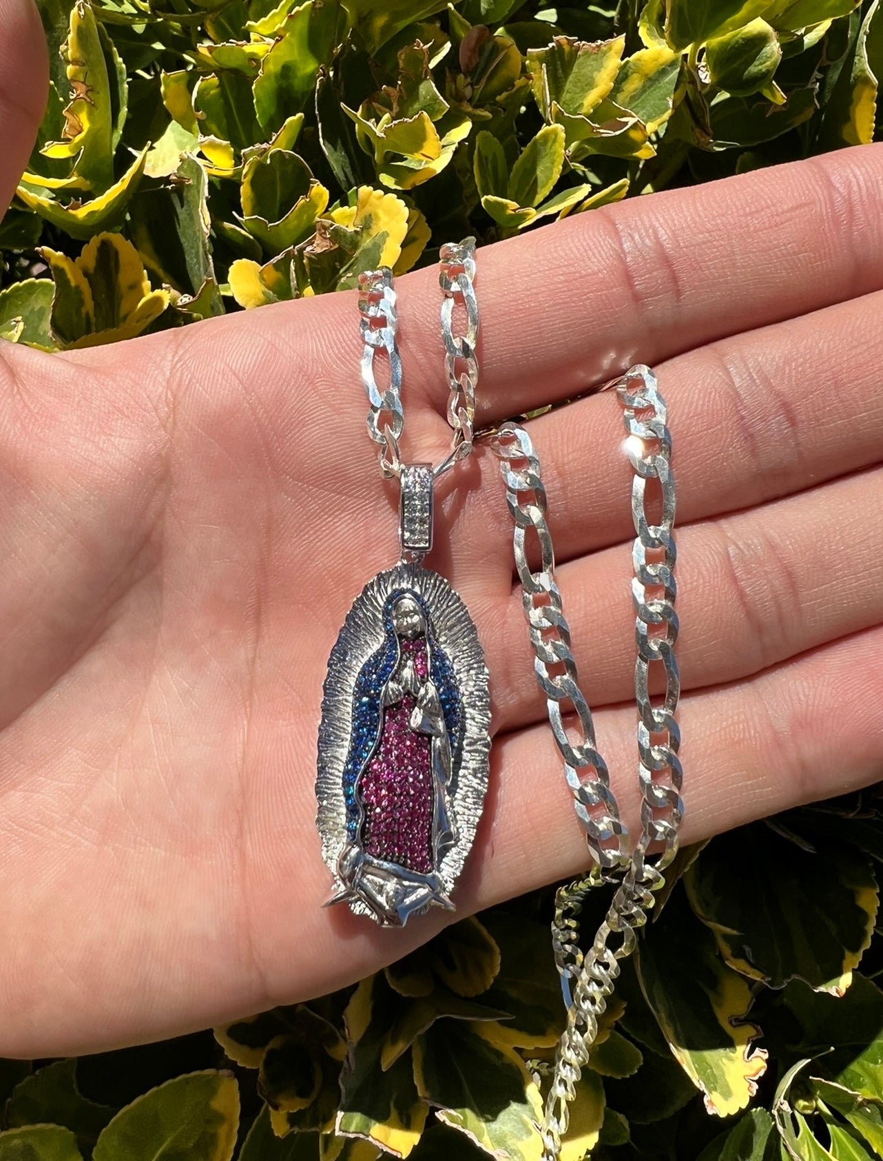 Blue Saphire and Ruby Virgencita, Real .925 Silver