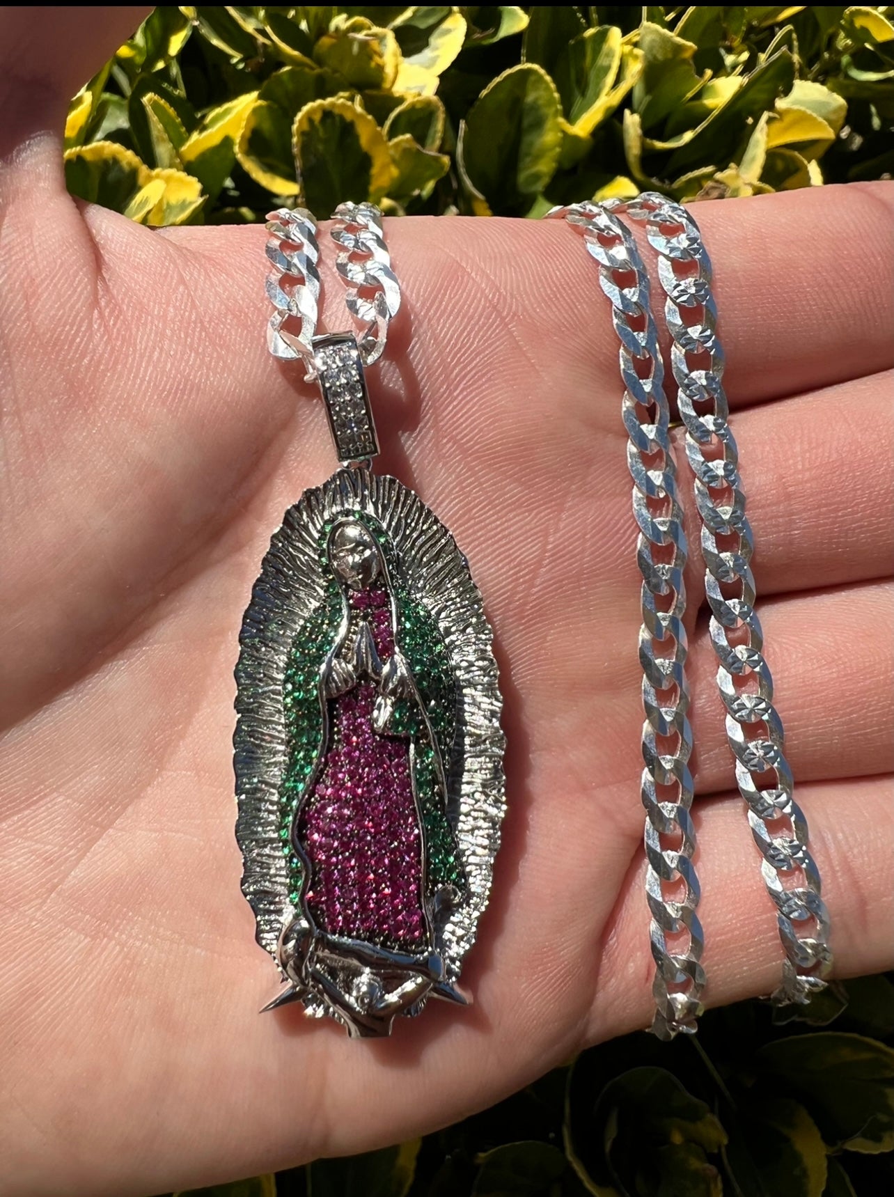 Emerald Green And Ruby Virgencita .925 Real Silver