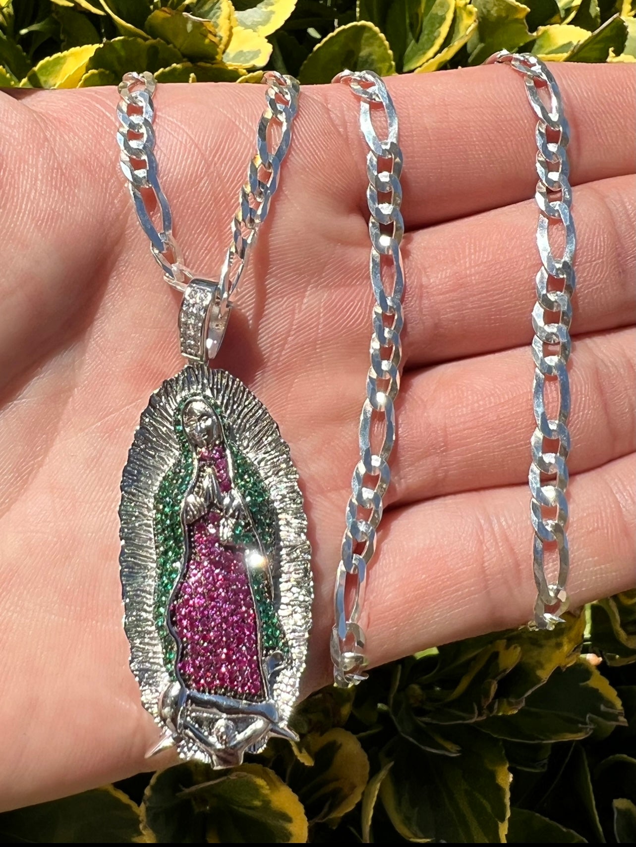 Emerald Green And Ruby Virgencita .925 Real Silver