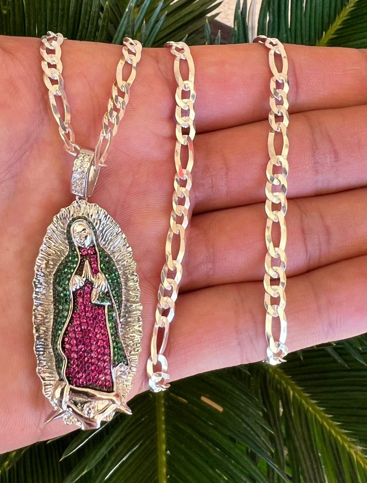 Emerald Green And Ruby Virgencita .925 Real Silver