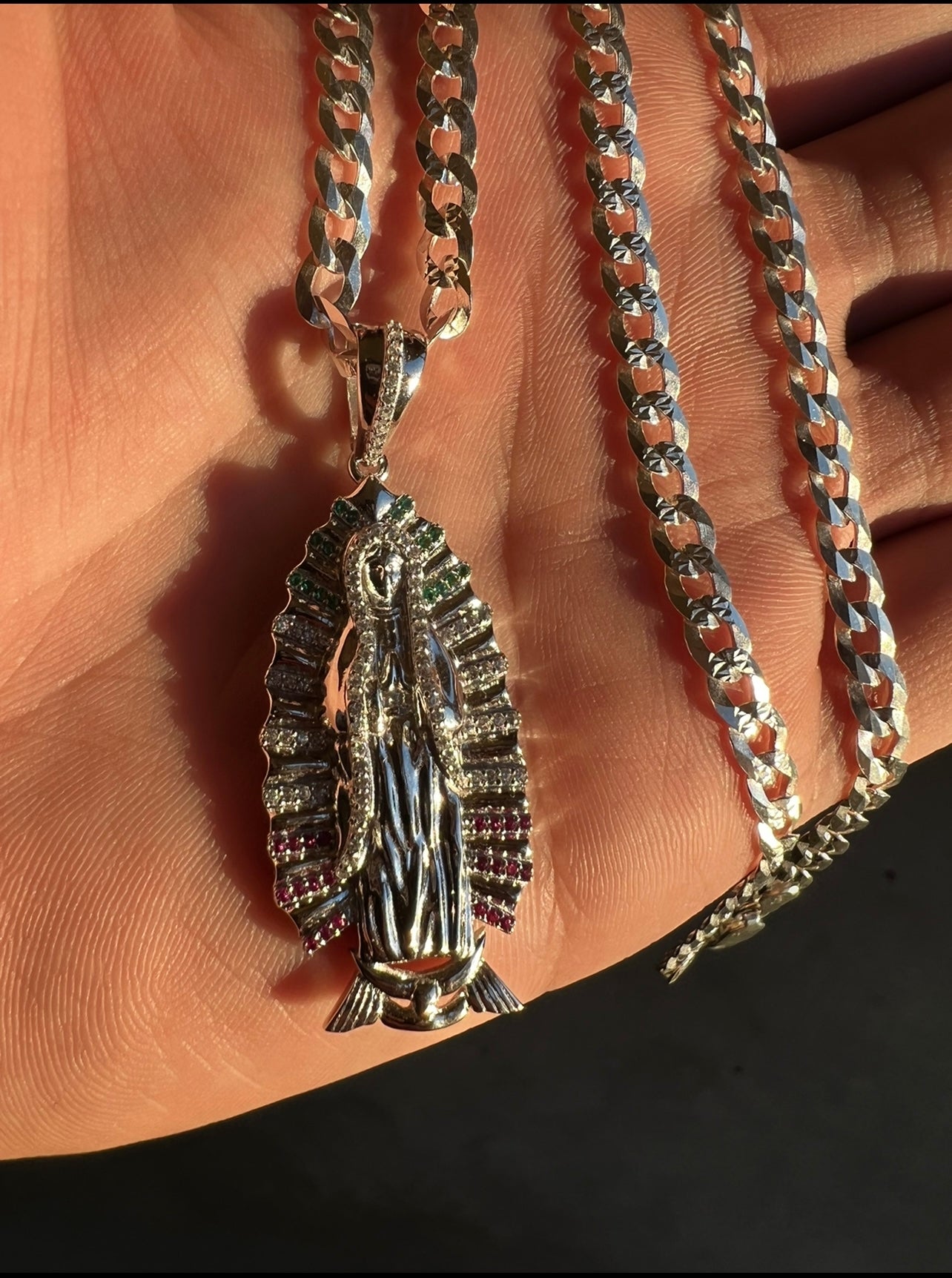 Virgencita Mex Flag Colors in Crown .925 Real Silver