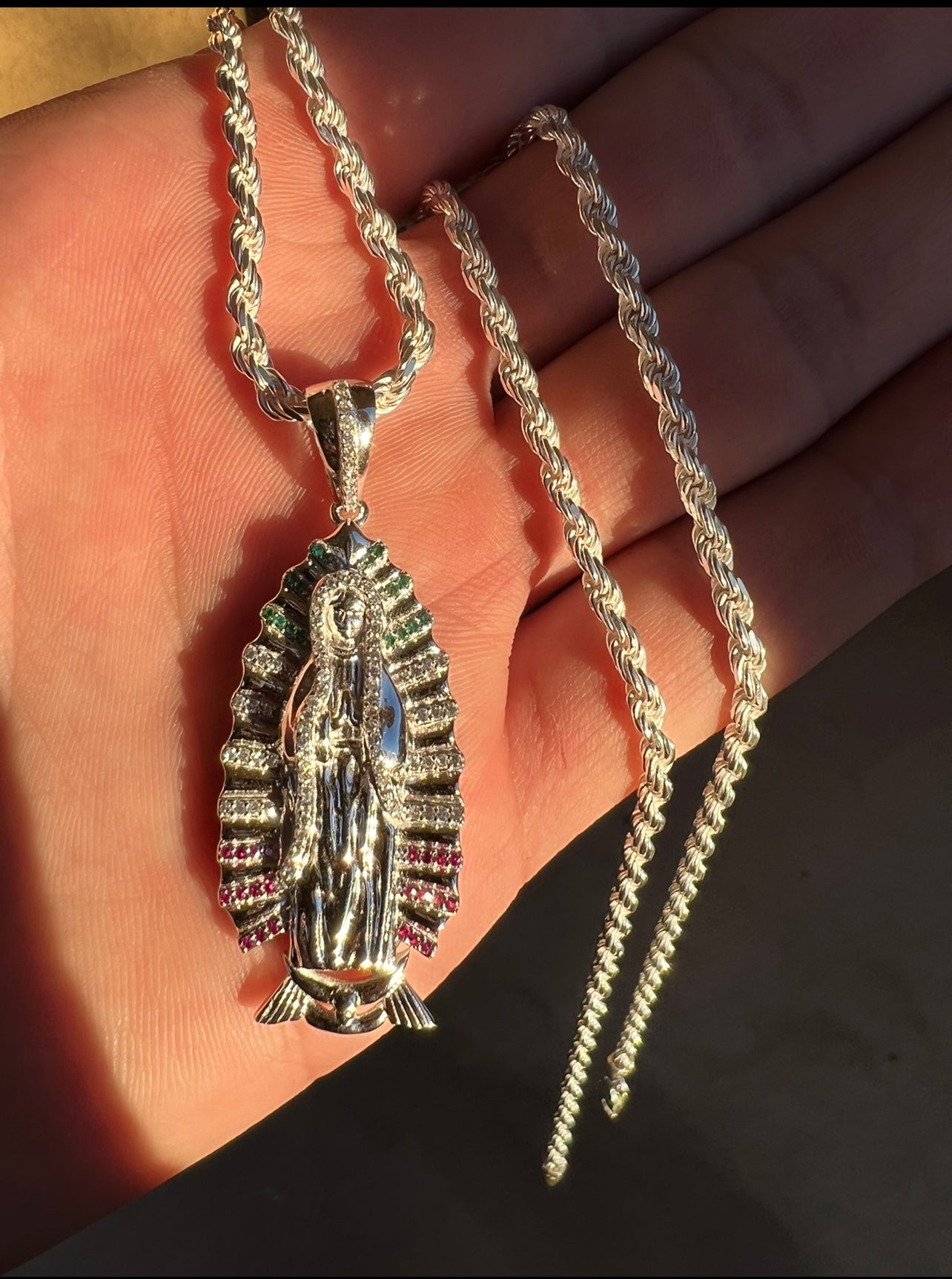 Virgencita Mex Flag Colors in Crown .925 Real Silver