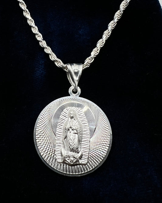 Double Sided Medalla Virgen Mary/Sagrado Corazon Medium, .925 Real Silver