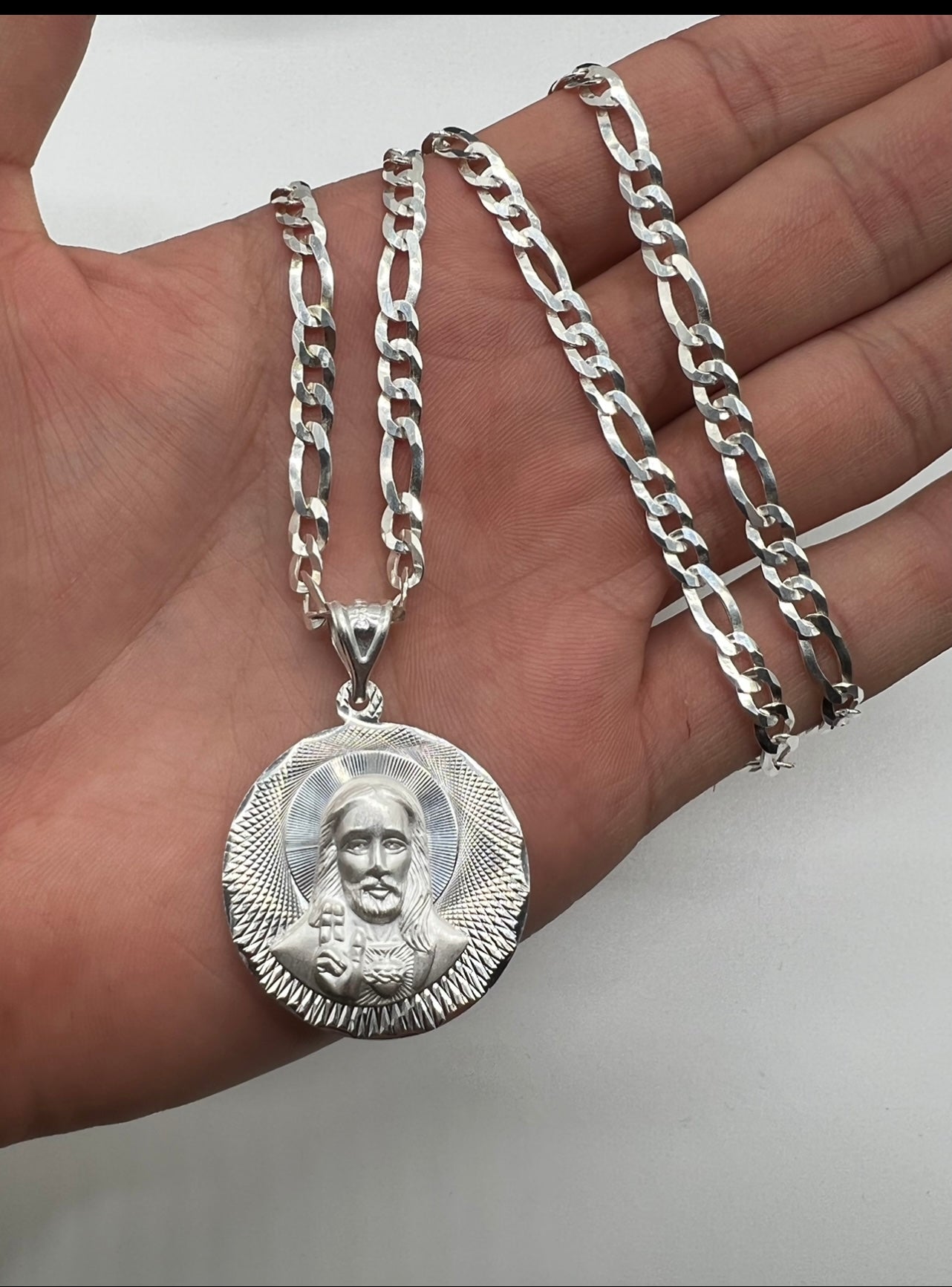 Double Sided Medalla Virgen Mary/Sagrado Corazon Medium, .925 Real Silver