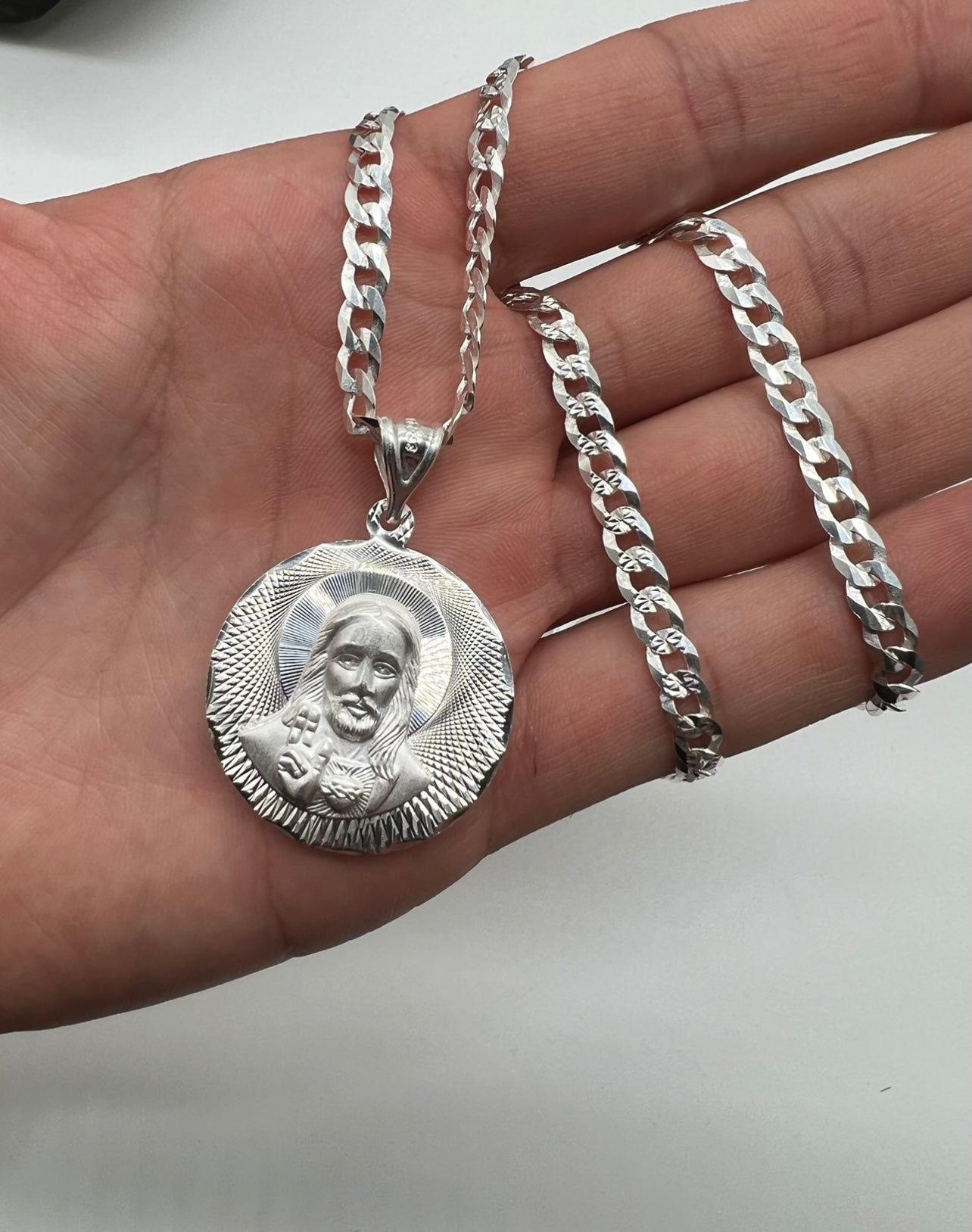 Double Sided Medalla Virgen Mary/Sagrado Corazon Medium, .925 Real Silver