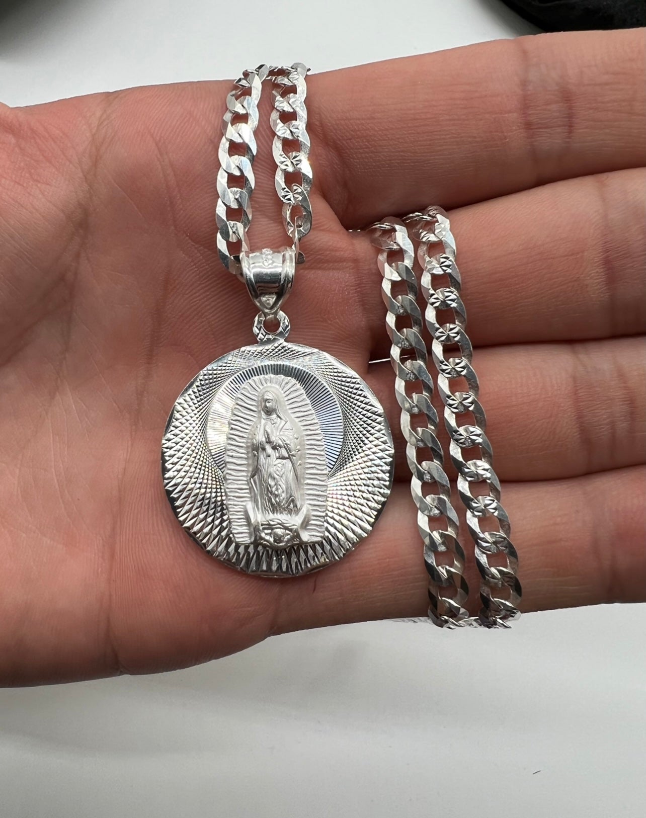 Double Sided Medalla Virgen Mary/Sagrado Corazon Medium, .925 Real Silver