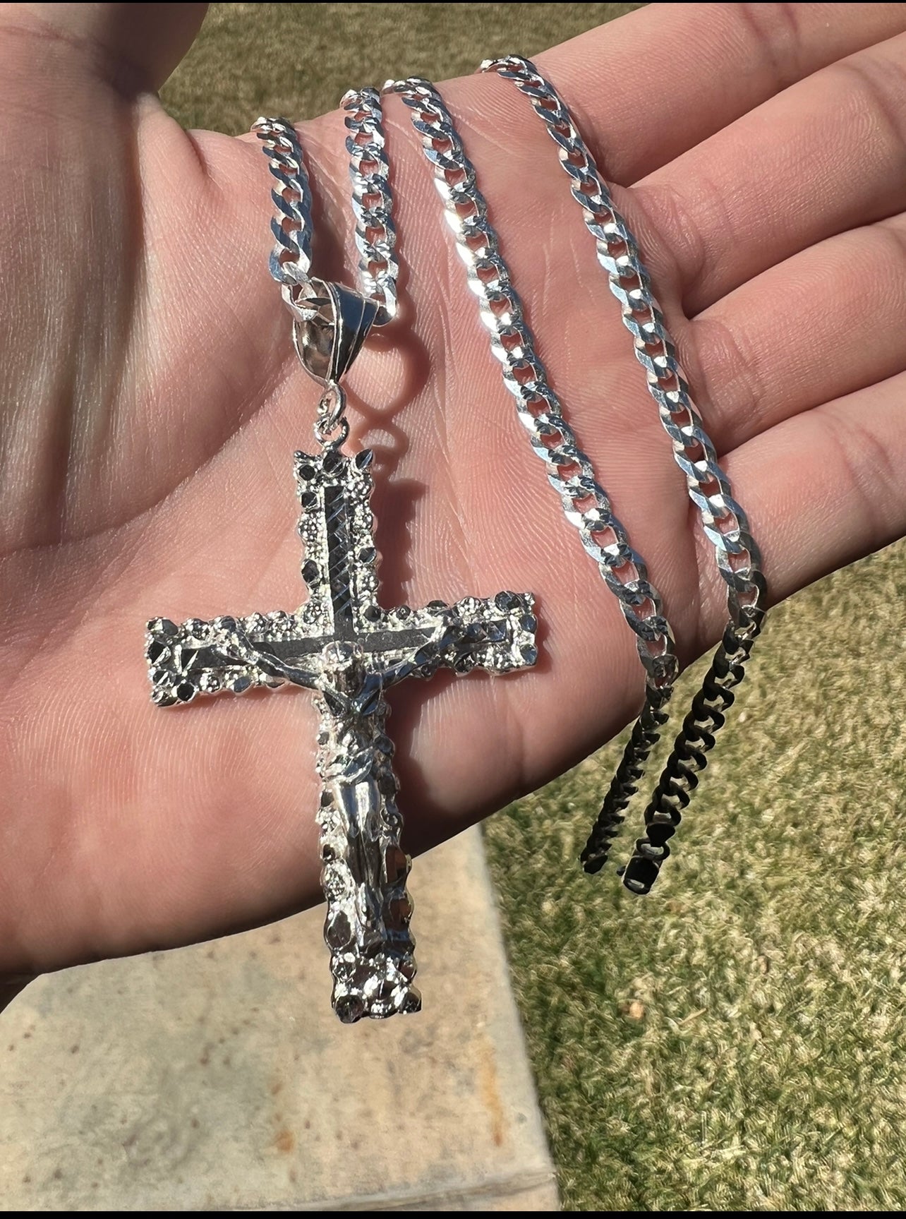 Nugget Cross w Jesus, .925 Real Silver