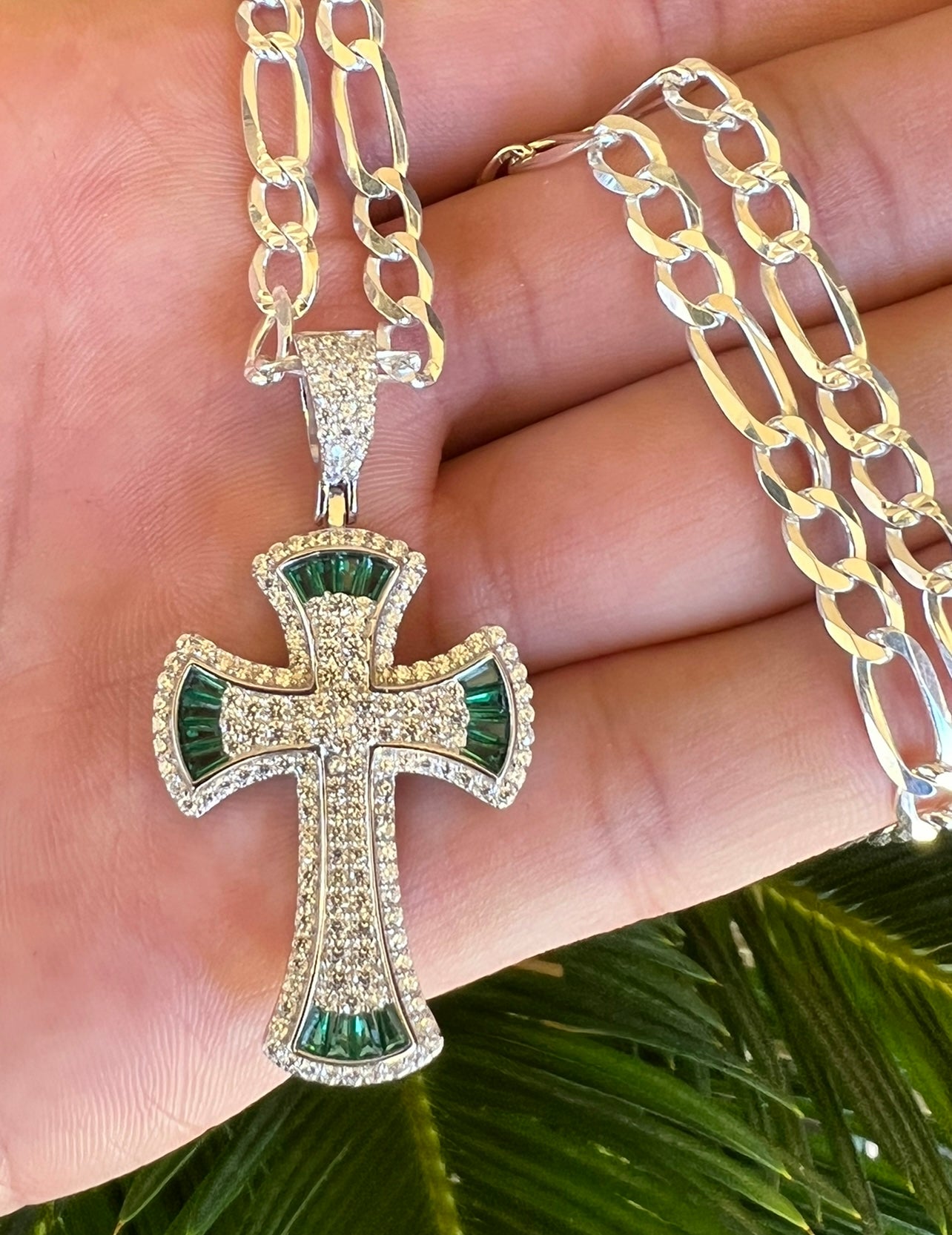 Emerald Green Baguette Cross, .925 Real Silver
