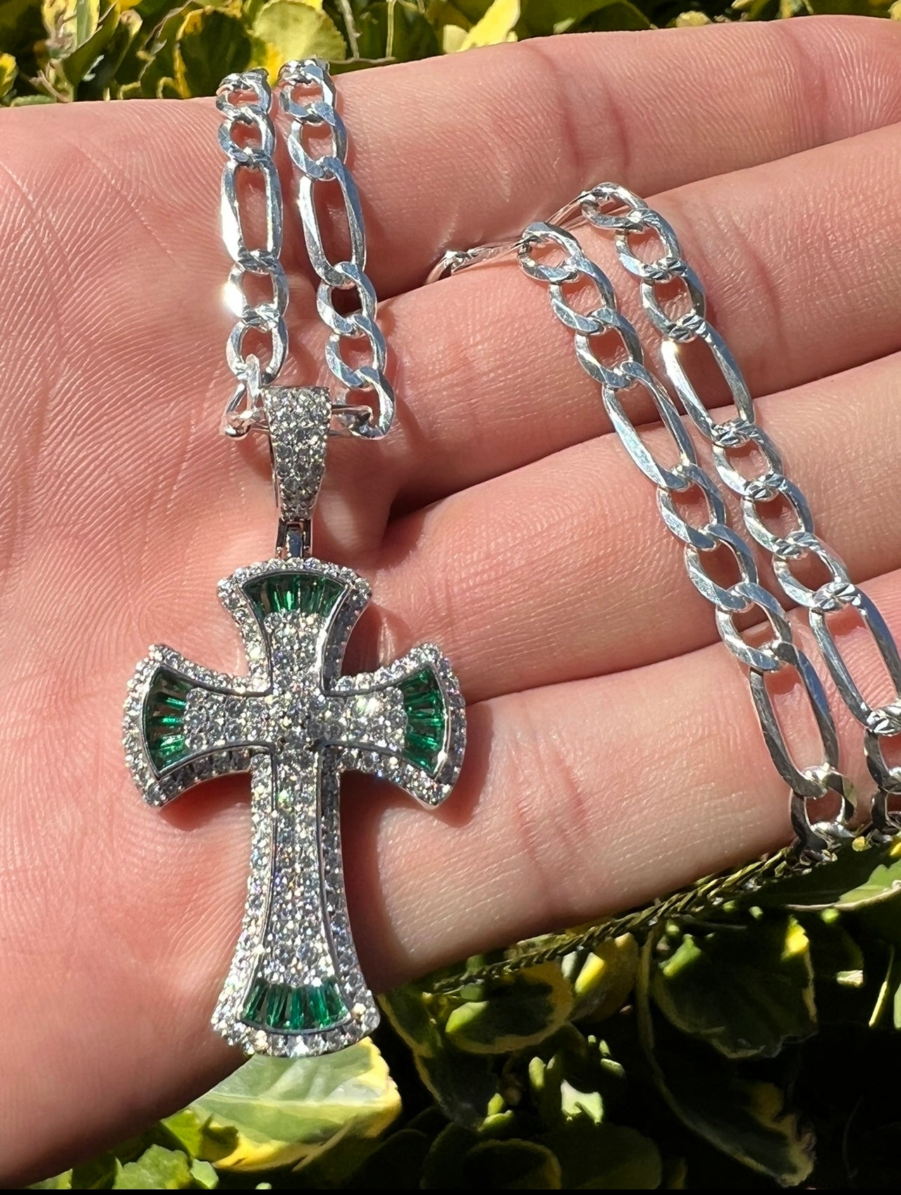 Emerald Green Baguette Cross, .925 Real Silver