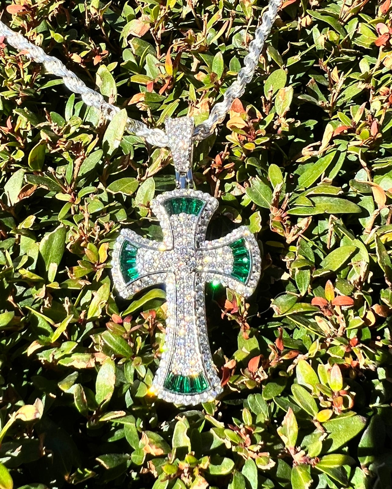 Emerald Green Baguette Cross, .925 Real Silver