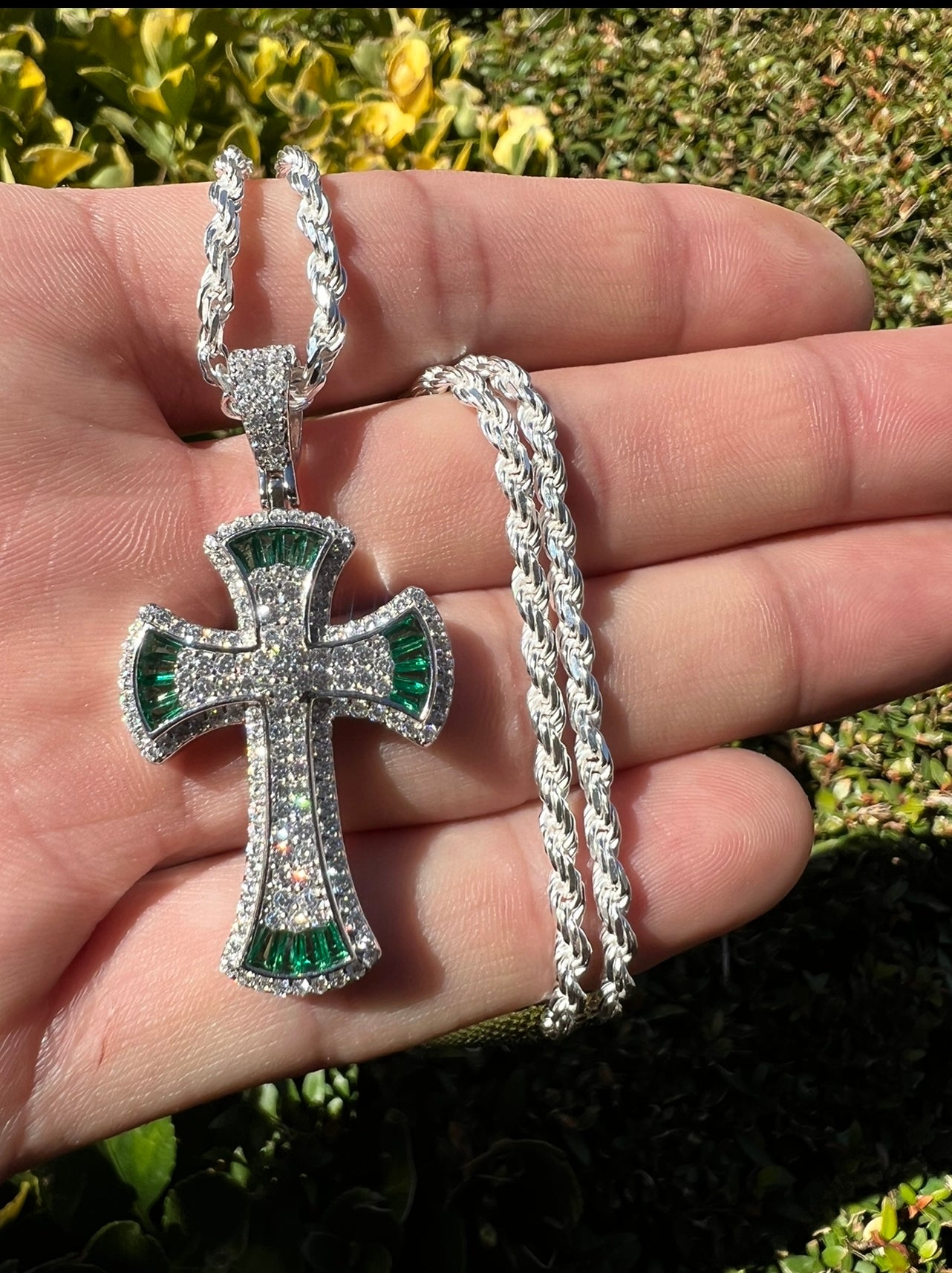 Emerald Green Baguette Cross, .925 Real Silver