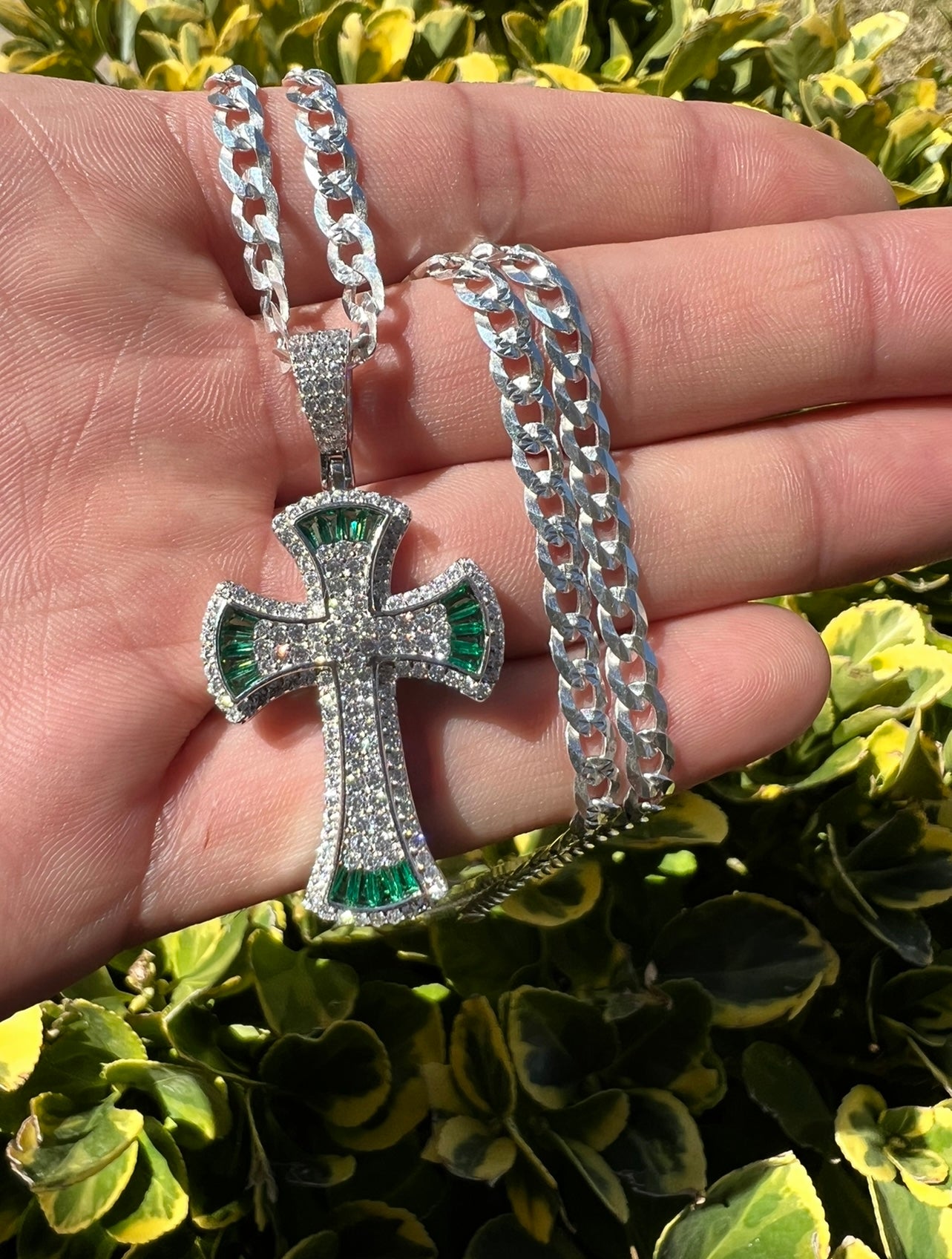 Emerald Green Baguette Cross, .925 Real Silver