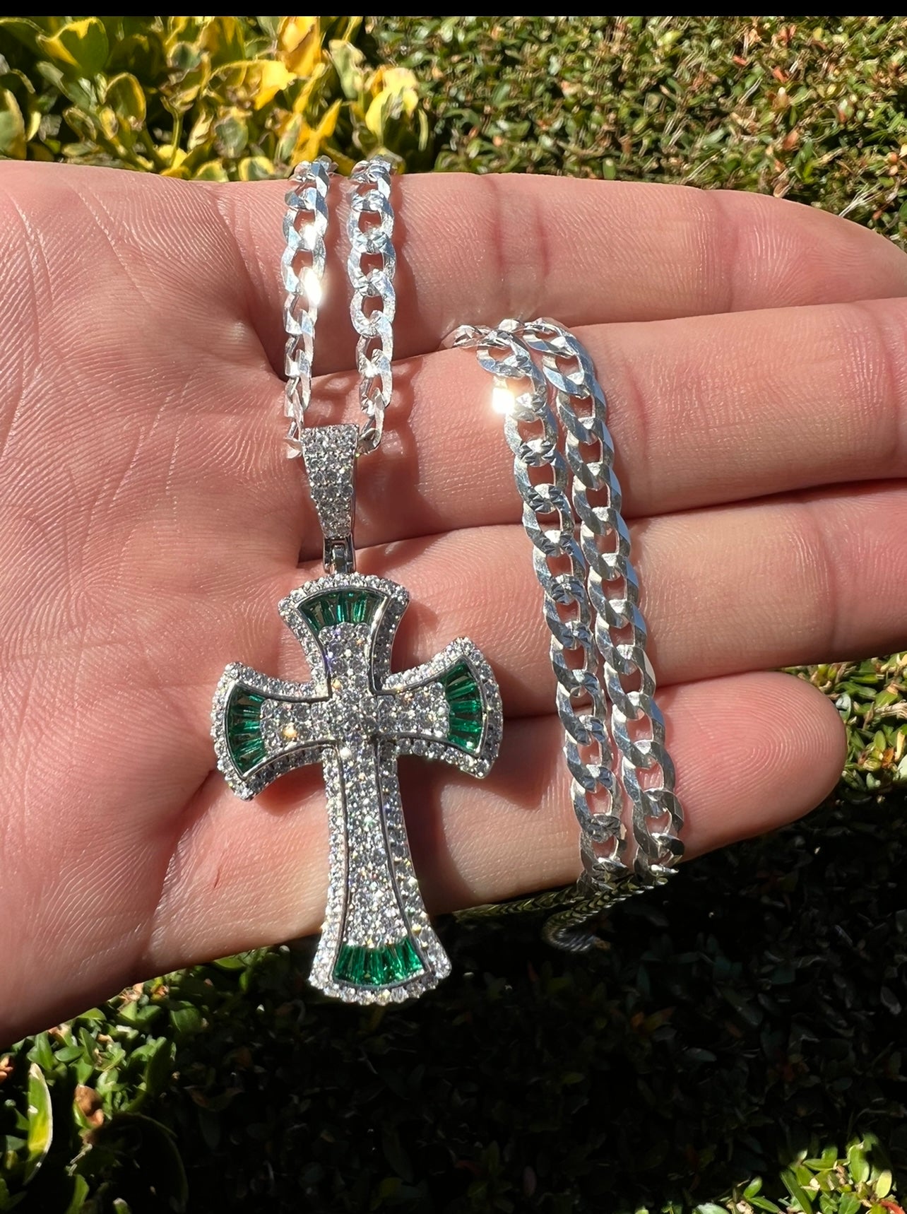 Emerald Green Baguette Cross, .925 Real Silver