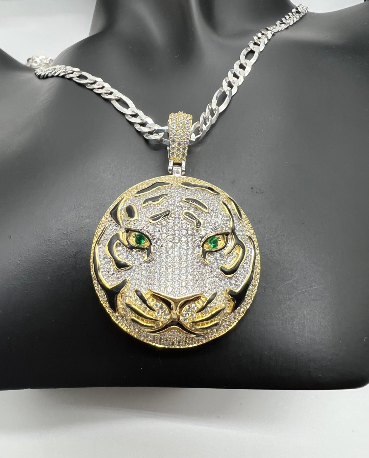 Emerald Eye Tiger w Enamel, .925 Real Silver