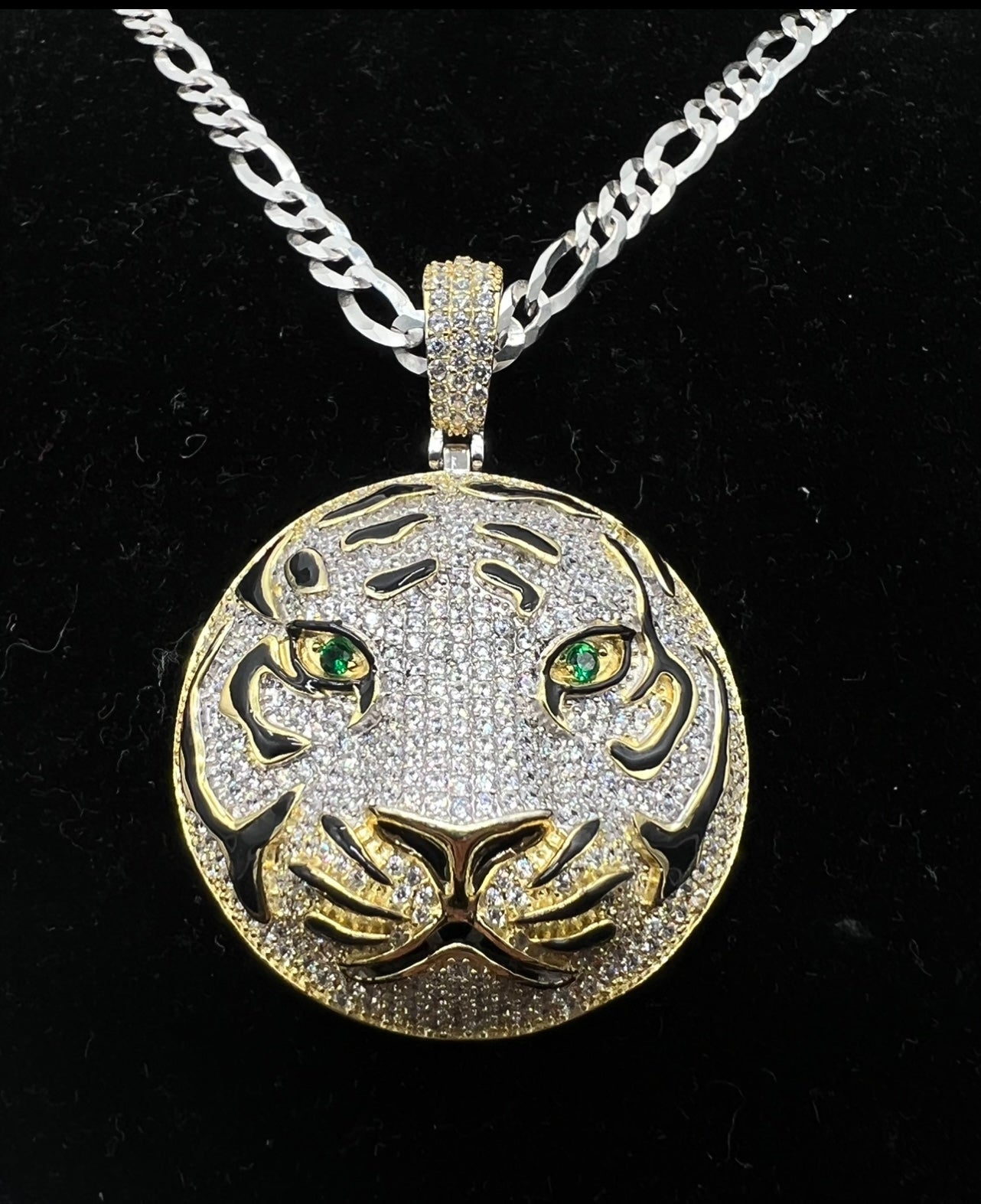 Emerald Eye Tiger w Enamel, .925 Real Silver