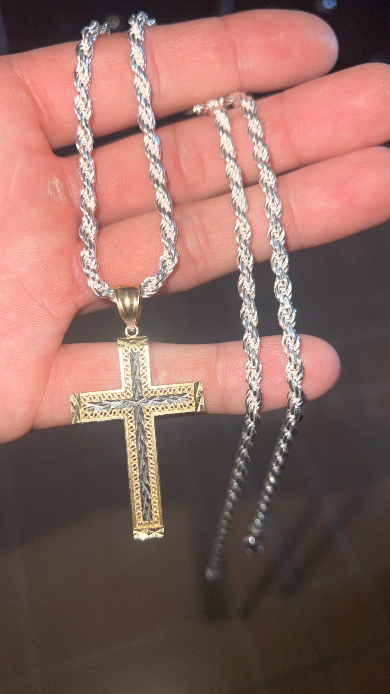 Special order 14k gold cross w 24inch silver rope chain