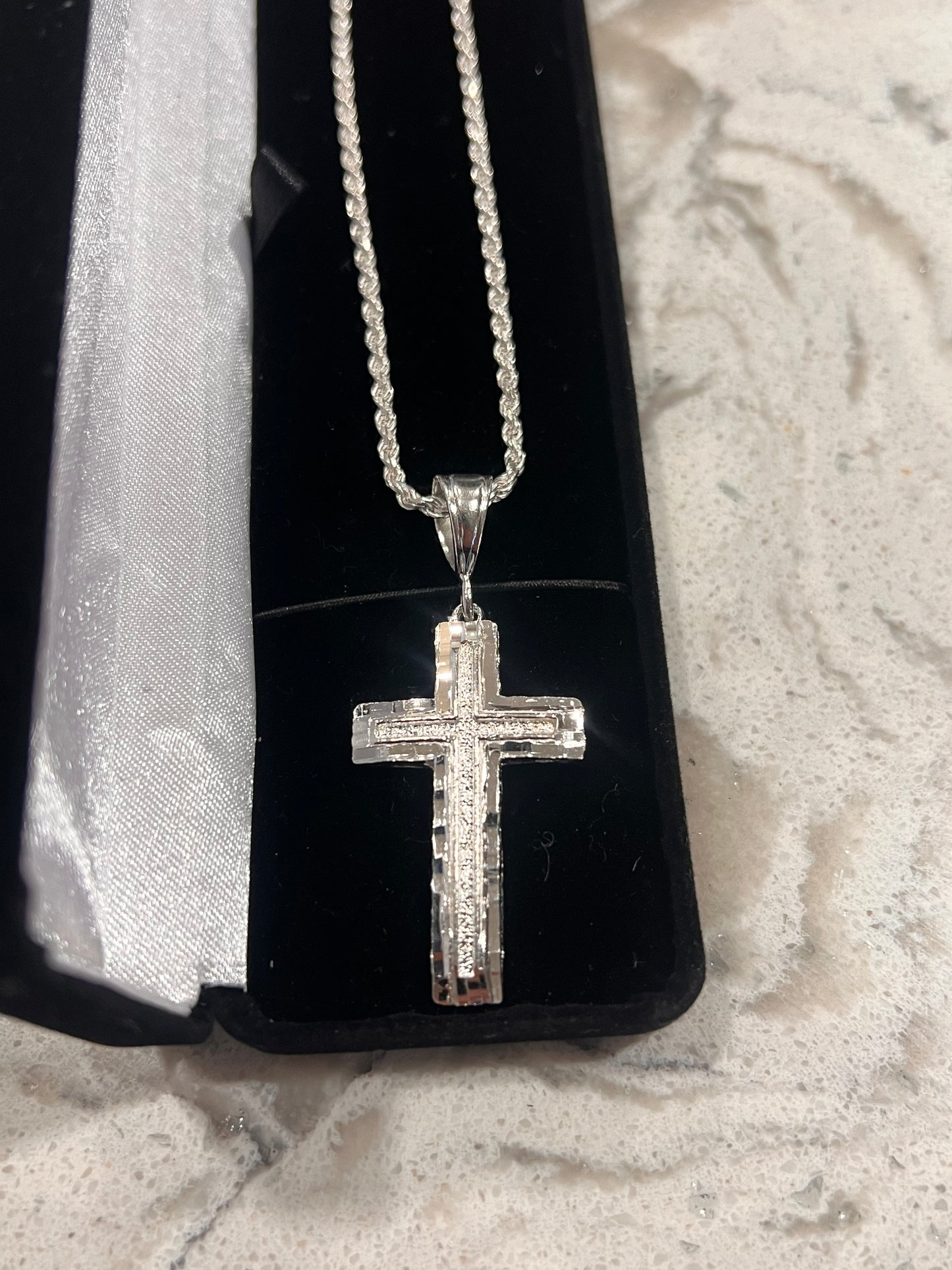 Diamond cut cross real silver set