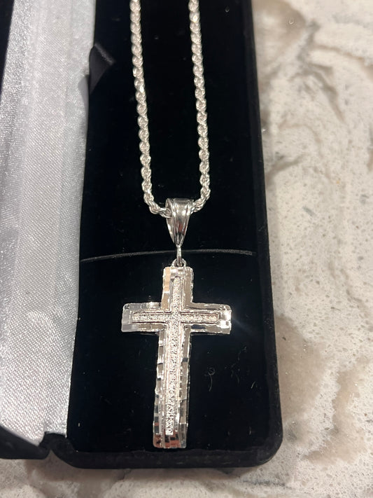 Diamond cut cross real silver set