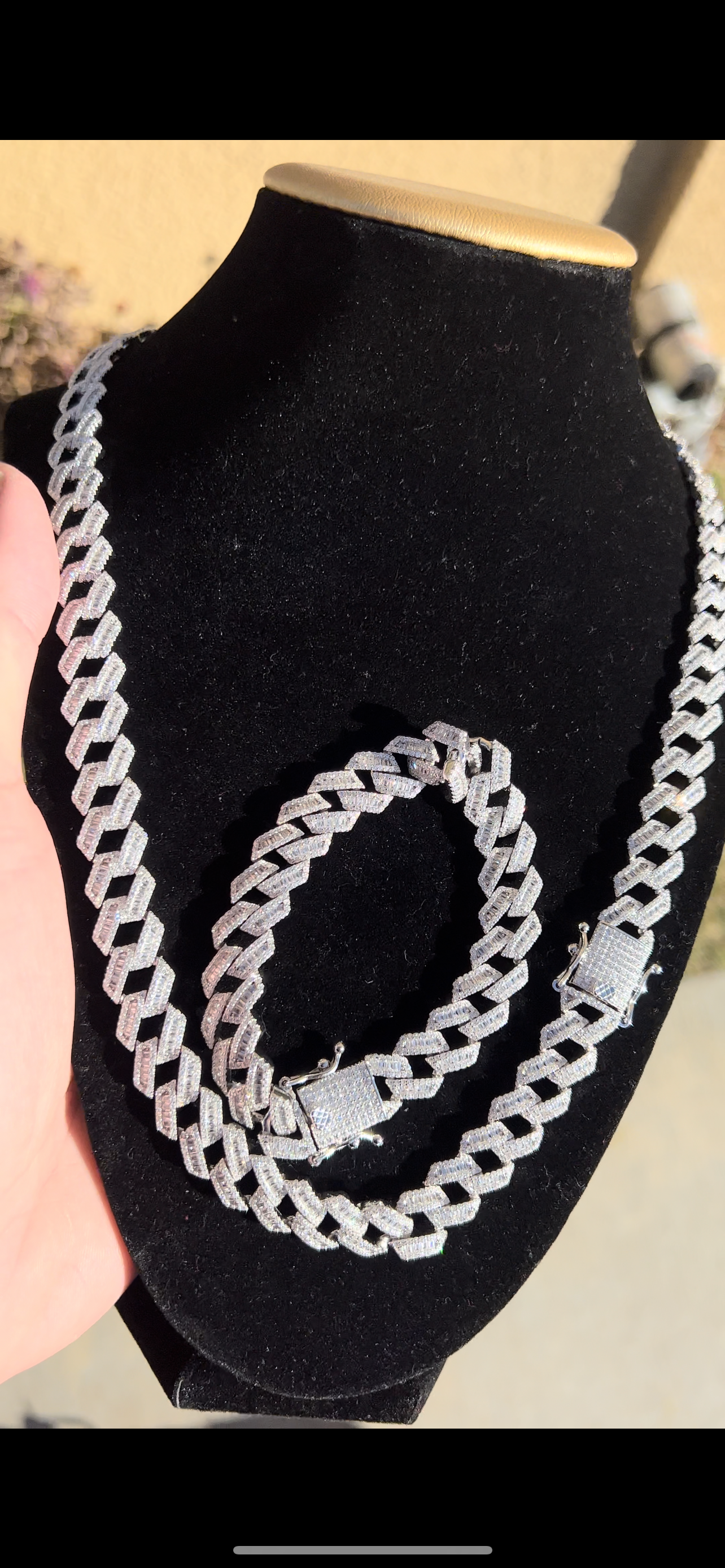 8mm baguette flooded cuban Chain real silver set with bracelet