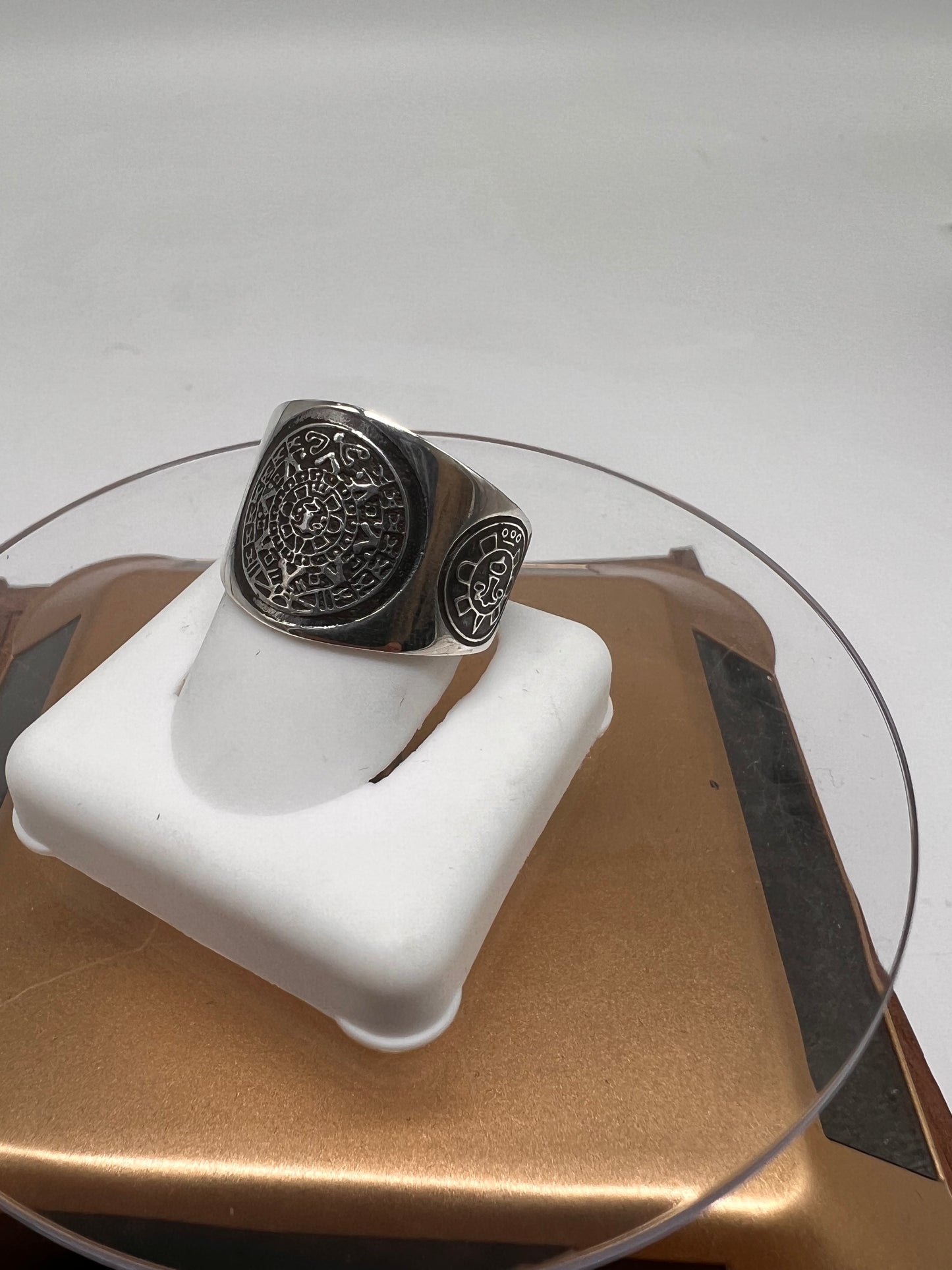 Aztec calendar ring real silver