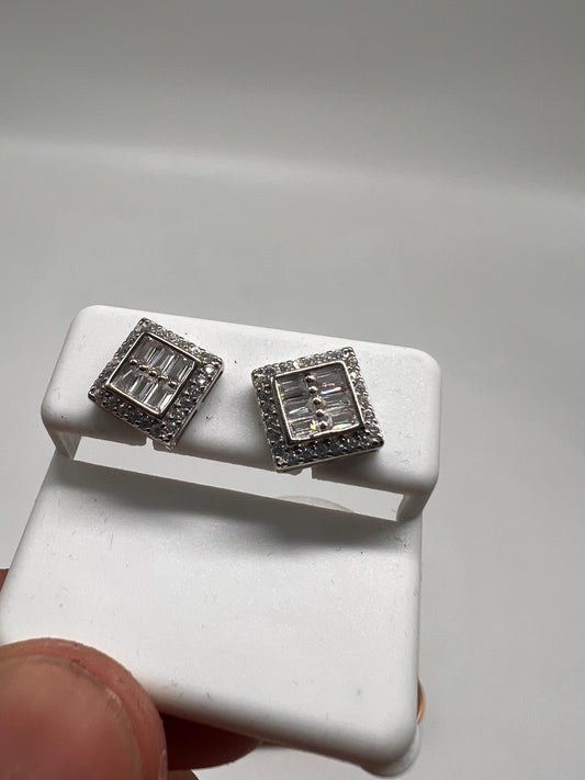 Square baguette earrings real silver