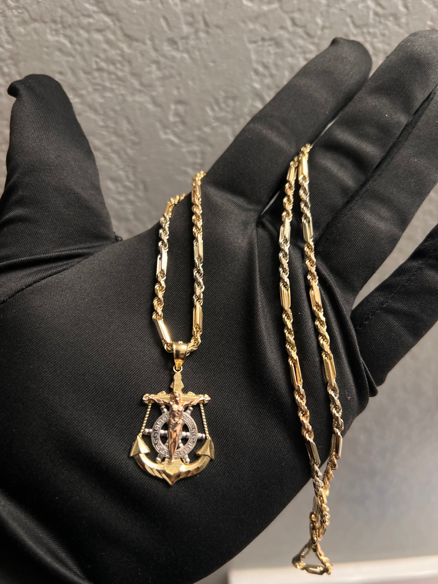 14k real gold solid tri color set anchor