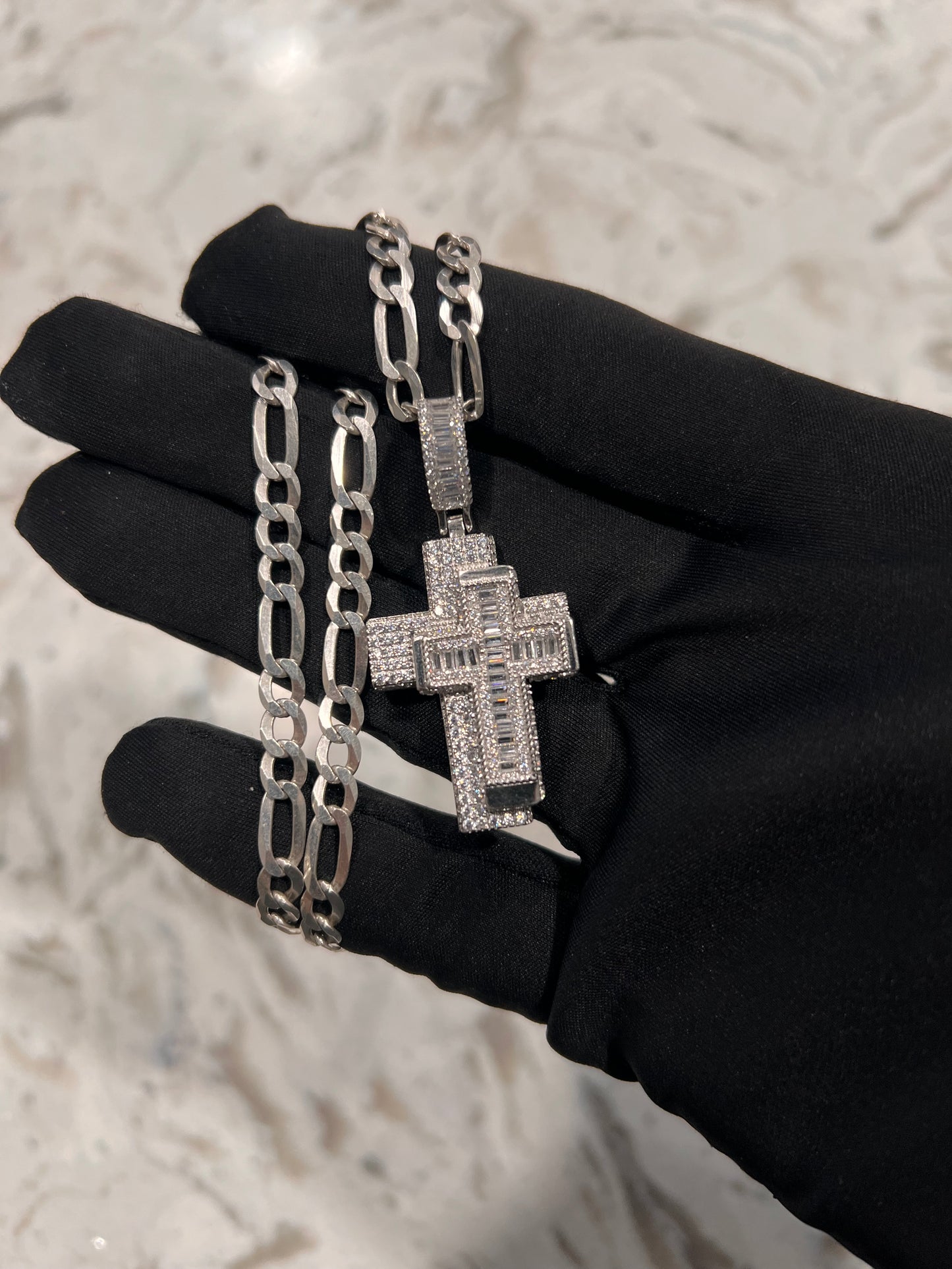 Real silver fully iced double cross set
