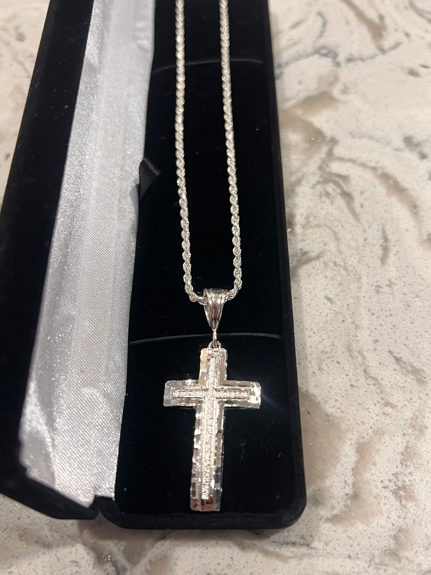Diamond cut cross real silver set
