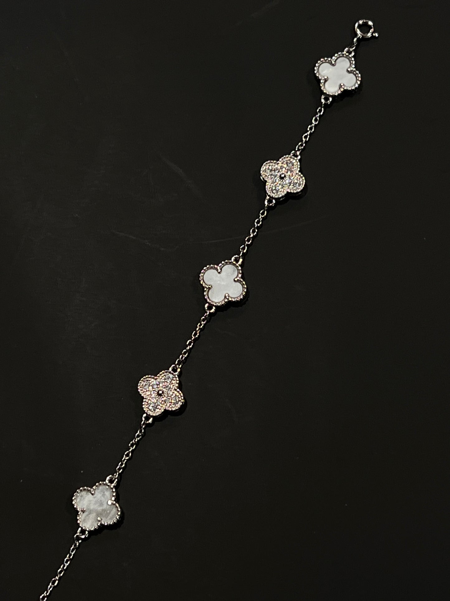 Real silver mother of Pearl w stones clover bracelet