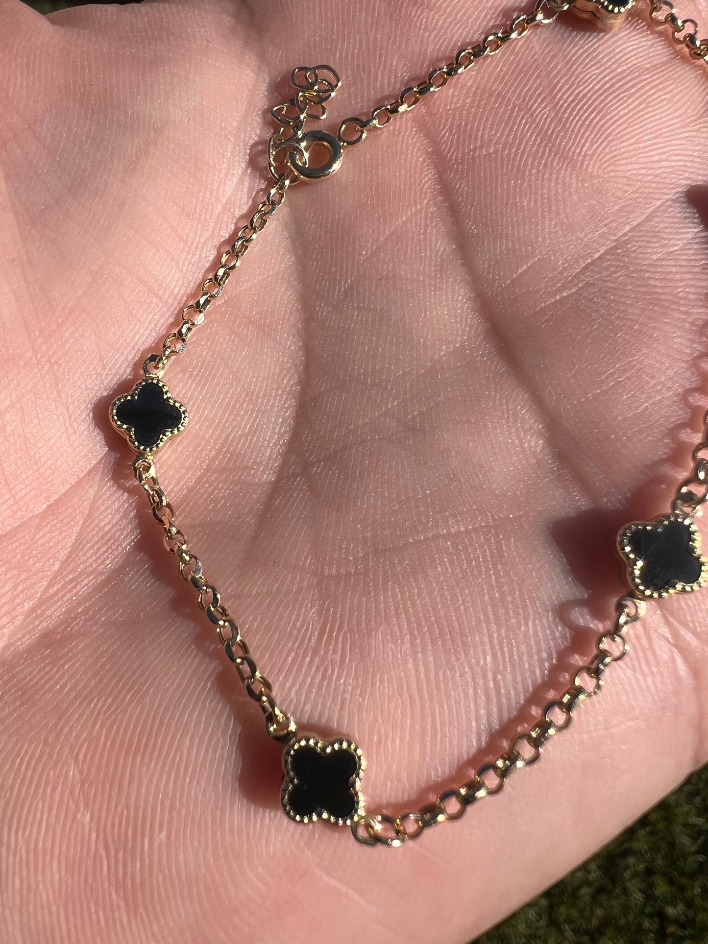 Small 14k real gold black clover bracelet