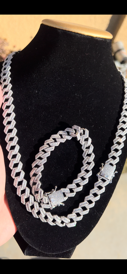 8mm baguette flooded cuban Chain real silver set with bracelet