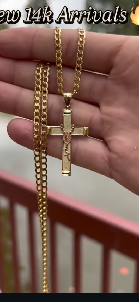 14k real gold rosary cross chainset with Cuban chain
