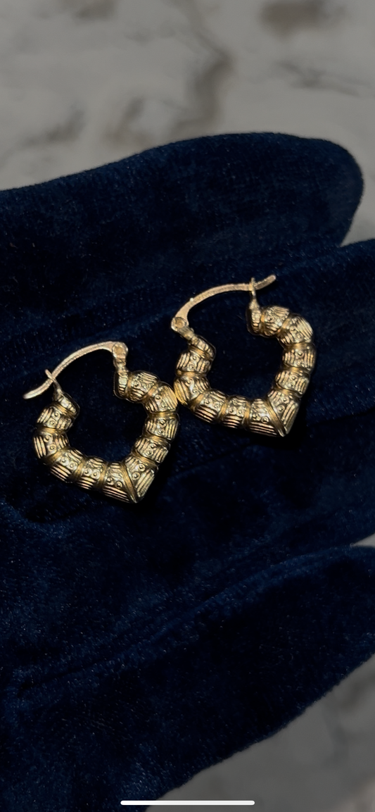 14k real gold heart bamboo earrings