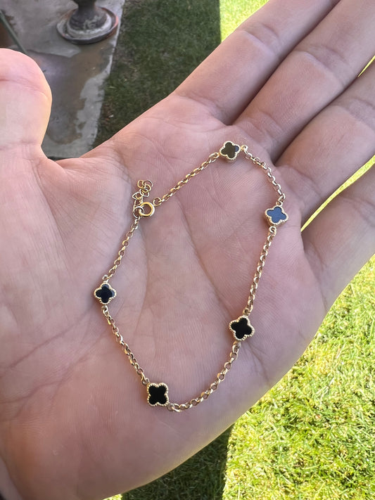 Small 14k real gold black clover bracelet