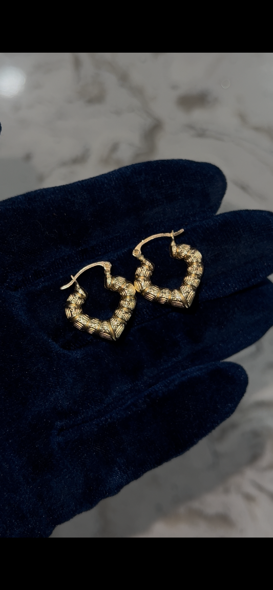 14k real gold heart bamboo earrings
