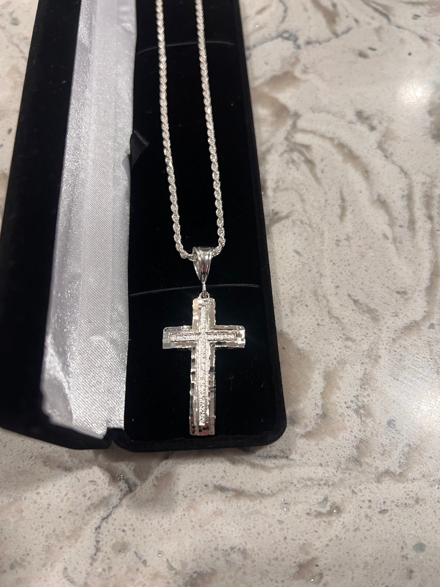 Diamond cut cross real silver set