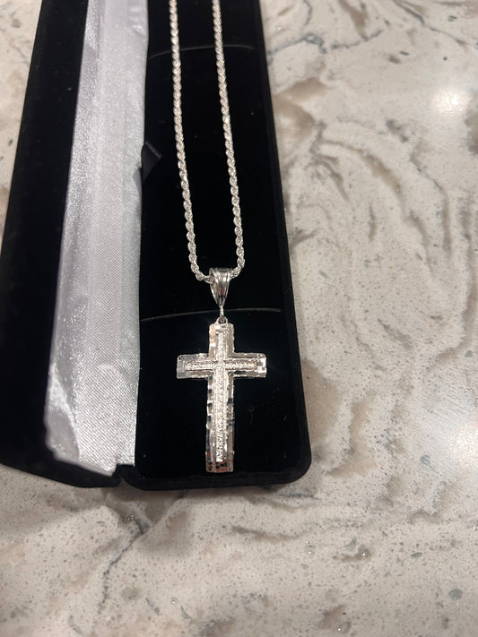 Diamond cut cross real silver set