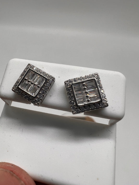 Square baguette earrings real silver