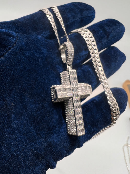 Double flooded cross set real silver